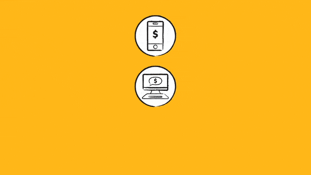 icons turning into coins that light up a lightbulb and falls into a piggy bank