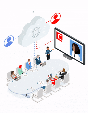 a business presentation with a group of 6 people sitting at a table and one lady standing in front of a screen with a cloud and wifi signal above her