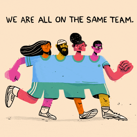 four people all connected as one person with four legs and two arms and four heads kicking a soccer ball with the text saying "we are all on the same team."