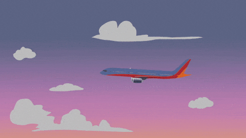 a 3d airplane flying through the pink and blue twilight sky with a few scattered grey clouds