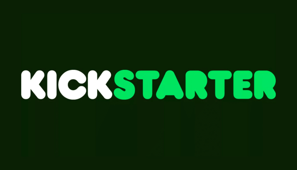 Kickstarter logo in white and green on a dark green background