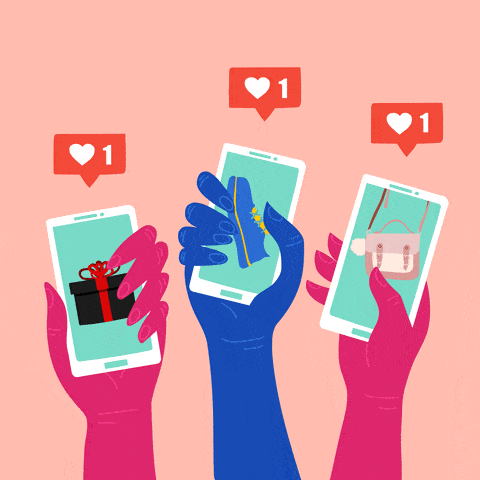 two pink hands and one blue hand all holding up mobile phones with products on then and the like counter increases