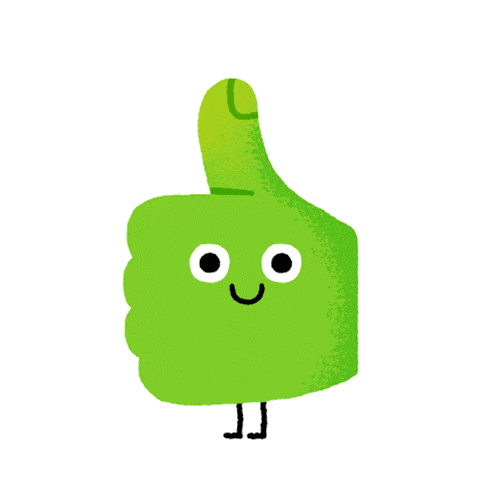 a green thumbs up with a smiling face and two legs moving in an upwards motion
