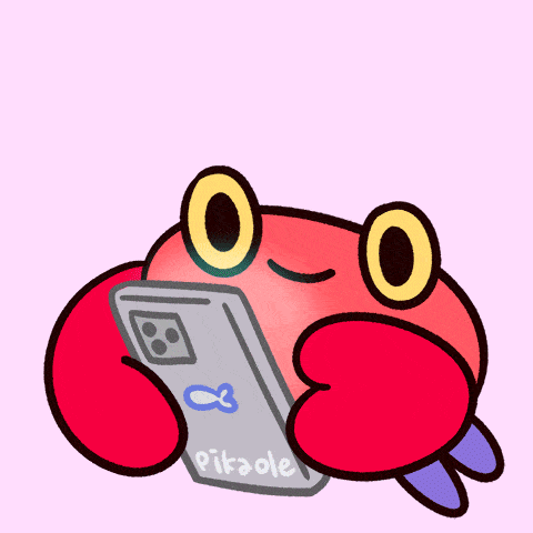 a crab character on its mobile phone liking a bunch of photos with hearts coming out the phone until the phone screen cracks from its claw