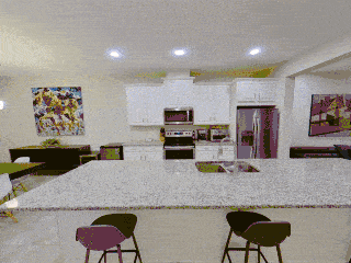 an example of a 3d walkthrough animation services video of a double story house that starts in the dining area and then zooms out so the whole house is visible