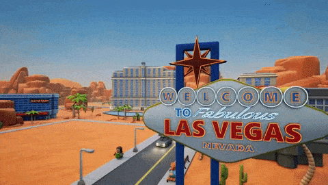 a virtual tour of Las Vegas city on a sunny day with the buildings changing shapes