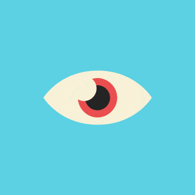 an eye with a red iris looks around and blinks against a blue background