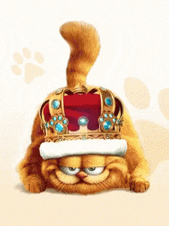 3d artwork of Garfield looking very happy with his tail in the air and wearing a kings crown with jewels 