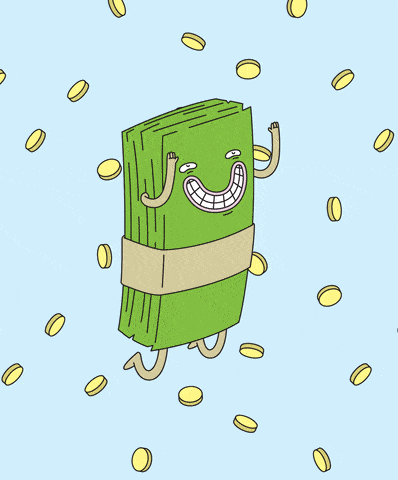 a stack of money notes flies through the air with a eyes, a big smile and arms and legs, gold coins are falling in the background