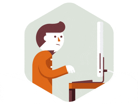 animated video marketing can assist people that do not understand such as this man who is looking confused whilst working on his computer and a person pops out the screen and points to his keyboard and he smiles and nods his head