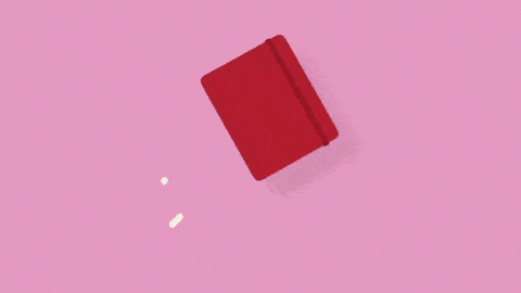 a red diary opens itself with a calendar, heart and pencil inside and slams closed again against a pink background
