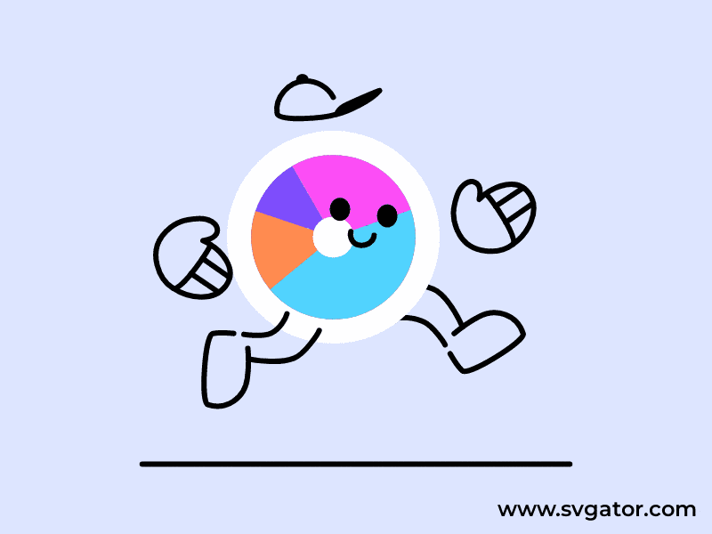 an orange, pink, purple and blue pie chart with arms and legs and he hi running whilst smiling and wearing a cap that is bouncing up and down