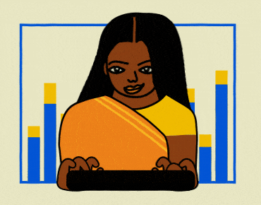a lady wearing a yellow top working on her tablet with bar charts going up and down in the background