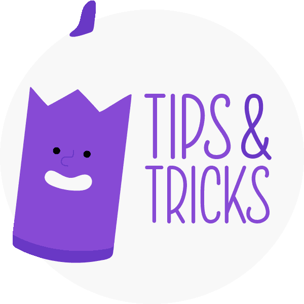 purple cylinder face smiling with the text "tips & tricks"