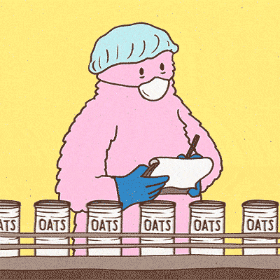 pink character wearing a hair net and a mask in a factory and watching the production line of oats 