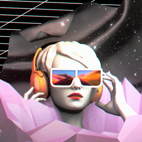 futuristic woman holding headphones whilst her sunglasses reveal that she is travelling through a dessert with a geometric style pink outfit and the stars in the background