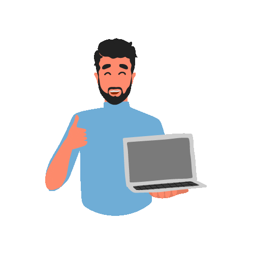 man character smiling and showing a thumbs up holding his laptop and promoting 2d animation services
