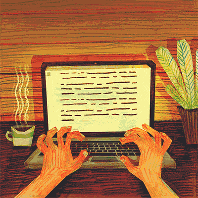 animation ads require planning and script writing such as this animated character typing away on a laptop with a cup of coffee on the left and a cactus plant on the right 