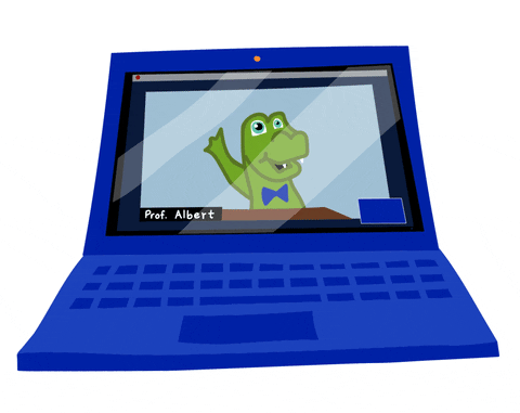 a blue laptop with a green waving crocodile on thew screen