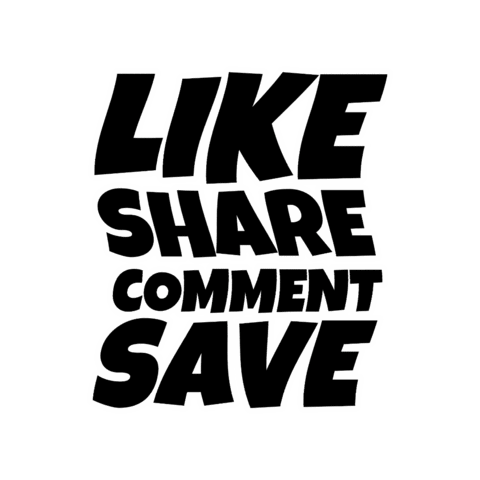 wavy black text on a white background saying "like, share, comment, and save"