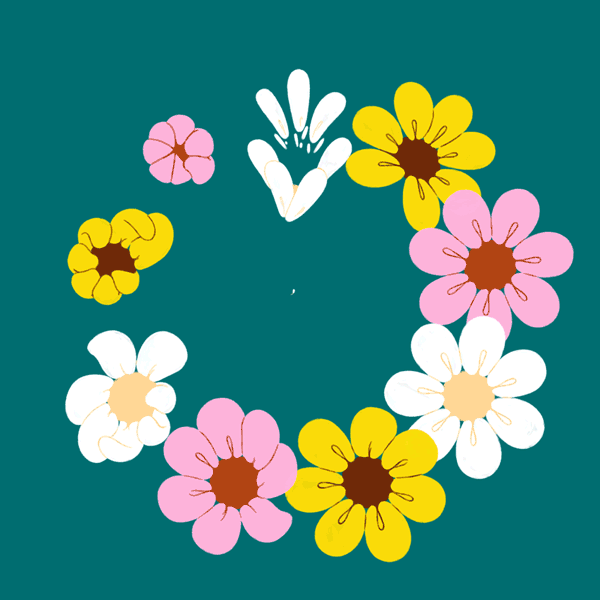 a circle of white, yellow, and pink flowers that disappear and re appear against a dark green background
