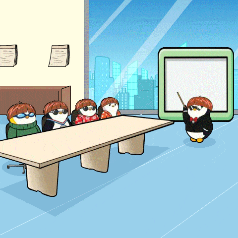 penguin wearing a black blazer and a red ribbon and pointing to a screen which shows a red arrow on the incline with four other penguins seated at a table watching