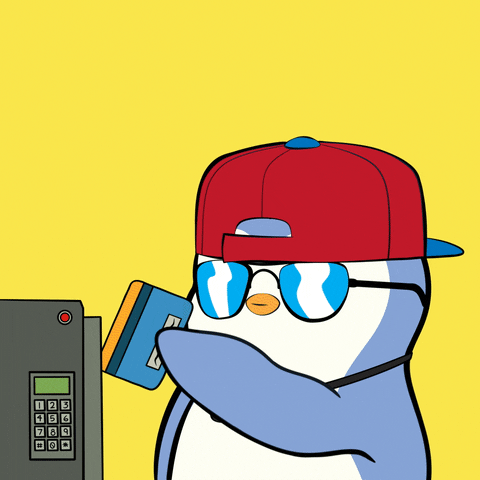 Cool penguin with a backwards cap and sunglasses swiping his card multiple times