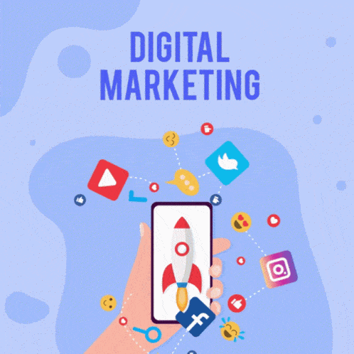 Digital Marketing showing many social media apps floating around outside the cell phone with a rocket taking off showing product animation services