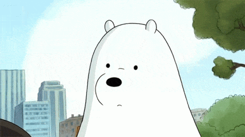 polar bear character nodding his head in agreement with a city in the background