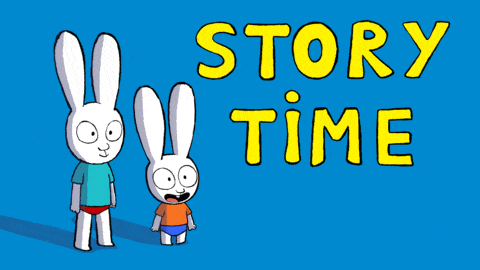 Two white rabbits wearing clothes sitting down and waiting with the text "story time"