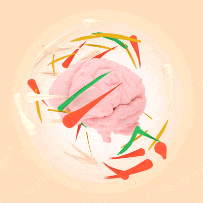 a human brain with red, green, yellow and white lines circulating it