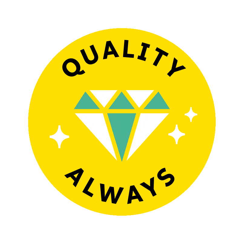a yellow badge with a diamond in the middle saying "Quality Always"