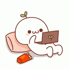 a white round character lying on a pillow watching animated learning videos whilst eating french fries