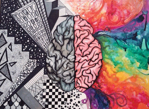 The human brain divided in half with the left side in black and white and the right side in many colors flashing
