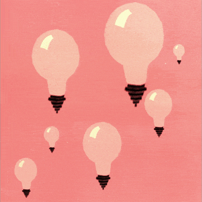 light bulbs floating up like balloons against a pink background