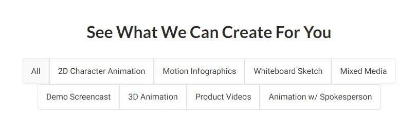 Screen grab from Promoshin's website listing all the thing we can create for you and your 2d animation services