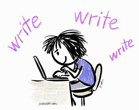 a character with messy black hair typing on a laptop with the text saying write write write write