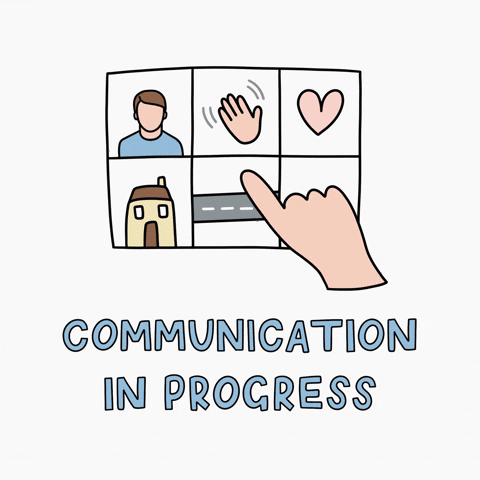 a hand pointing at images of a road, a hand waving and a person with the text "communication in progress"