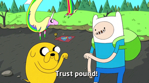 a person character and a yellow dog fist pumping with the text "trust pound!" with a rainbow unicorn in the background