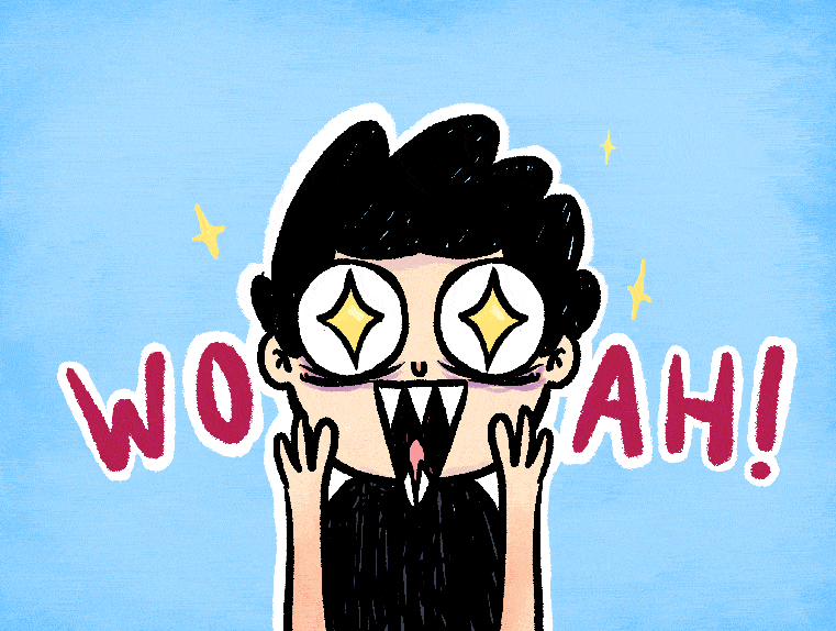 a boy character looking very surprised with stars in his eyes and the words "woah!' going across his face