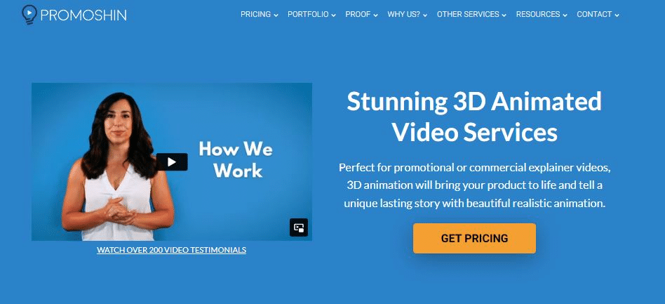 a screenshot from Promoshin's website the the text "stunning 3d animated video services" next to a video on how we work