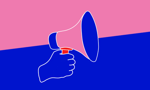 a pink and blue megaphone moving as if someone is talking through it with a blue hand holding it against a pink and blue background