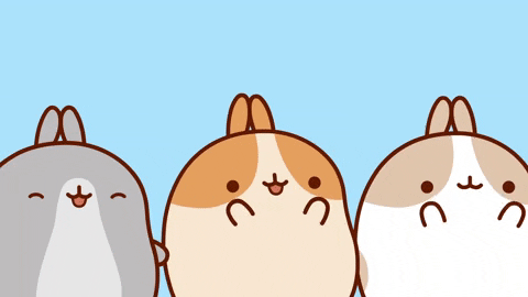 three chubby rabbit like creatures looking very happy and clapping and cheering and jumping up and down