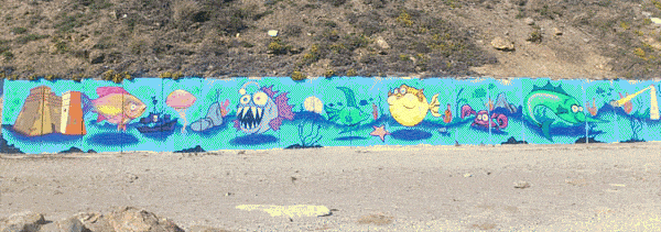 a photograph of a wall in a dry dessert like area with animated 2d fish swimming around on the blue wall