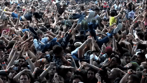 a cheering crowd passing people along the top with their hands