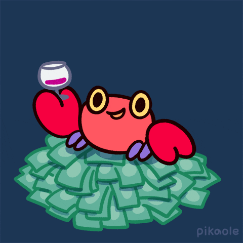 a red crab holding a glass of wine while he sits on a pile of money notes and throws some around with his other claw