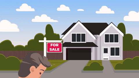 man looking at his phone in front of a house and the the for sale sign gets a sold sign on top of it and the man dances around in front of the house while paper money notes fall and yellow balloons fly up