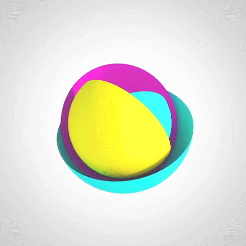 a blue, purple and yellow sphere shape showing all the inner layers when spinning around