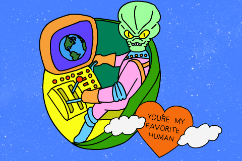 a green alien playing a game about planet earth in space with the text saying "you're my favorite human" written in a heart