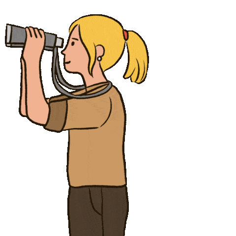 a girl picking up binoculars and looking through them from left to right and looking directly in front of herself